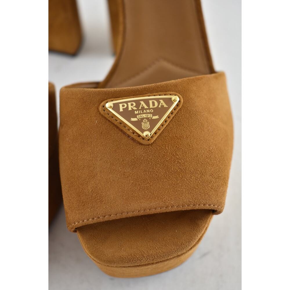 Prada 115mm Cognac Brown Suede Platform Sandal Ankle Strap Block Heel Pump 38.5 - Picture 15 of 16